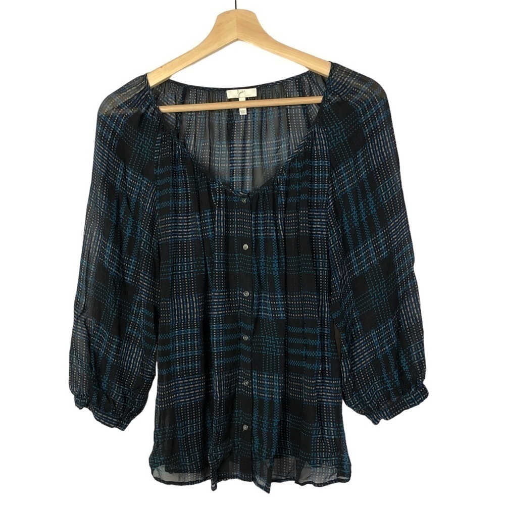 Joie Black & Blue‎ Vorda Plaid Sheer Silk Long Sleeve XS - Picture 2 of 5